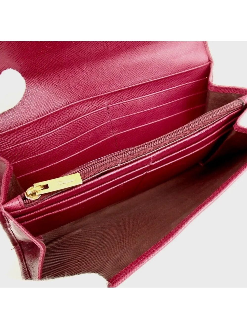 Authentic Salvatore Ferragamo Giancini Dark Pink/Red Leather Wallet Clutch - Picture 7 of 10